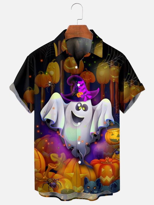Halloween Ghost Pumpkin Print Hawaiian Short Sleeve Shirt