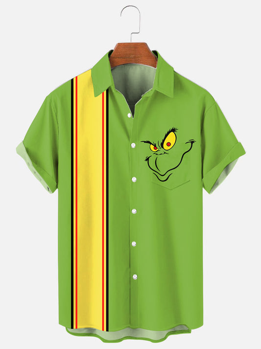 Men's Vintage Christmas Grinch Face Print Chest Pocket Bowling Short Sleeve Shirt