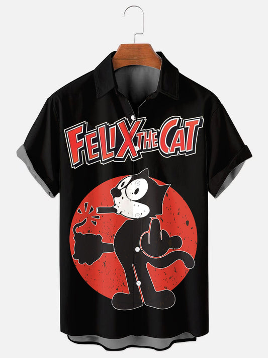 Men's Vintage Cartoon Cat Print Casual Short Sleeve Shirt