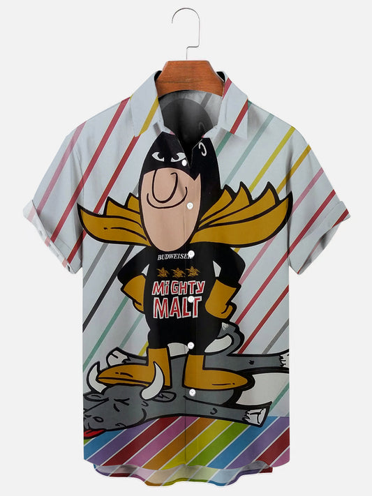 Men's Retro Beer Man Sticker Print Hawaiian Short Sleeve Shirt