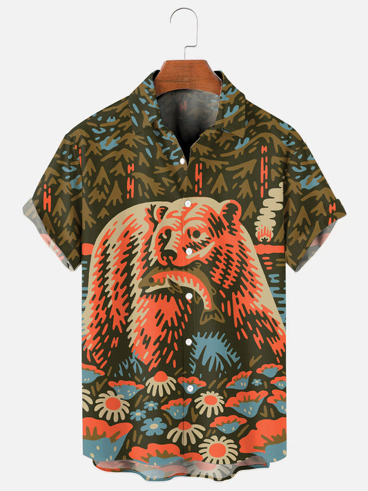 Men's Bear Catching Fish Print Outdoor Short Sleeve Shirt