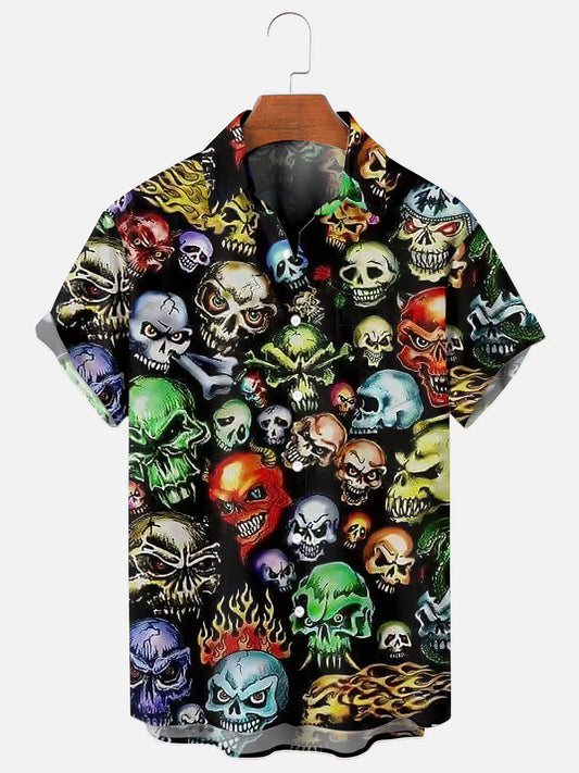 Men's Skull Tattoo Print Hawaiian Chest Pocket Short Sleeve Shirt