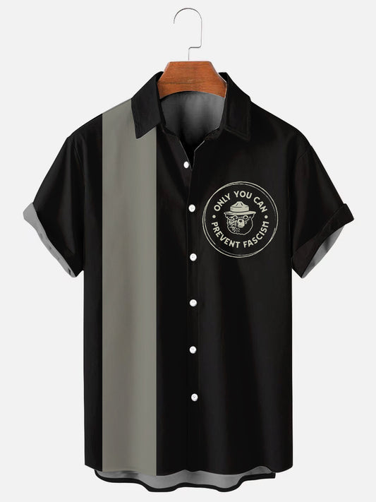 Men's Vintage Bowling Bear Logo Print Casual Short Sleeve Shirt