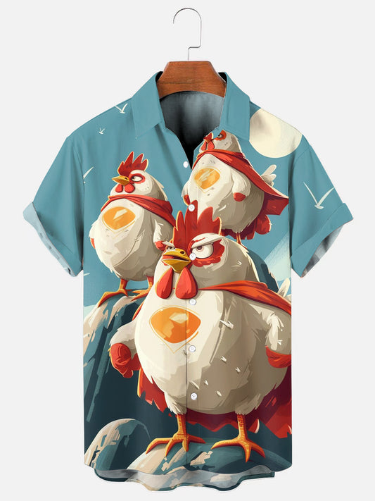 Men's Cartoon Super Chicken Print Hawaiian Short Sleeve Shirt