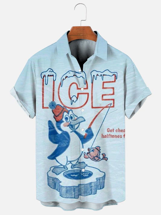 Men's Vintage Penguin Fishing on Ice Print Hawaiian Short Sleeve Pocket Shirt