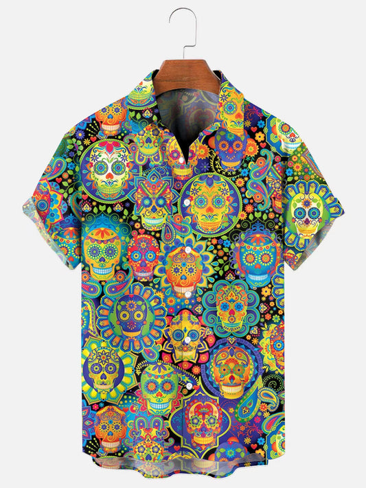 Men's Colorful Sugar Skull Print Hawaiian Short Sleeve Shirt