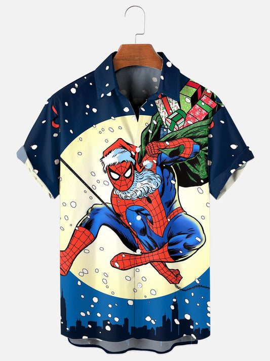 Men's Cartoon Superhero Santa Claus Print Holiday Short Sleeve Shirt