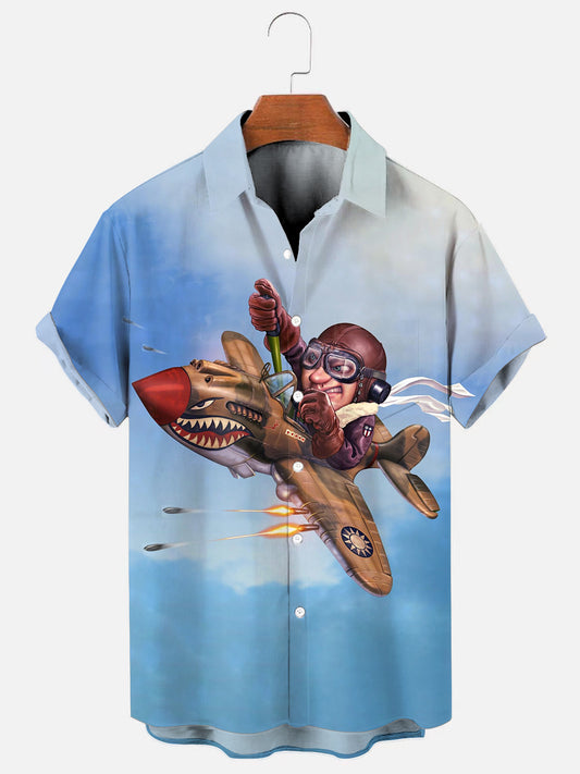 Men's Flying Tigers Cartoon Print Hawaiian Short Sleeve Pocket Shirt