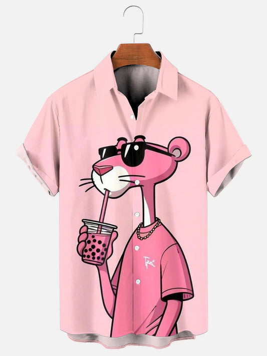 Men's Cartoon Leopard Fashion Printed Casual Short Sleeve Shirt