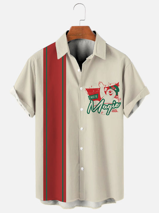 Men's Vintage Christmas Snowman Print Bowling Shirt