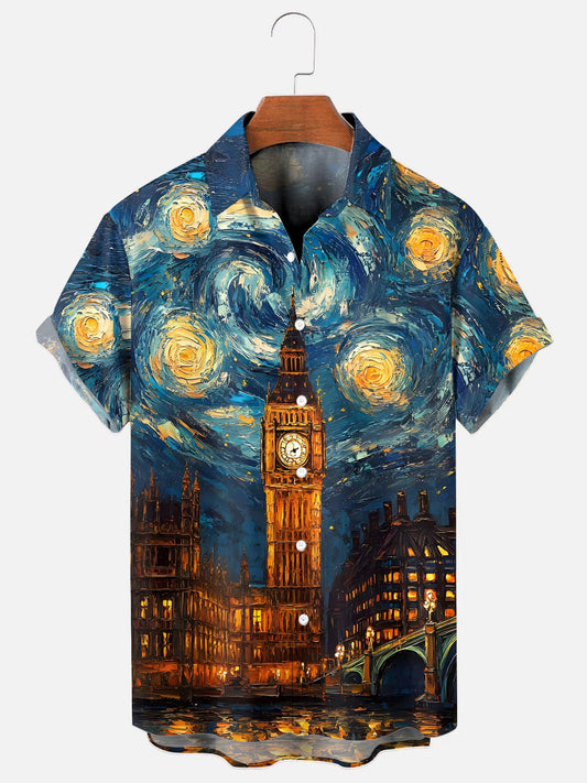 Men's London Big Ben Starry Night Art Print Holiday Short Sleeve Shirt
