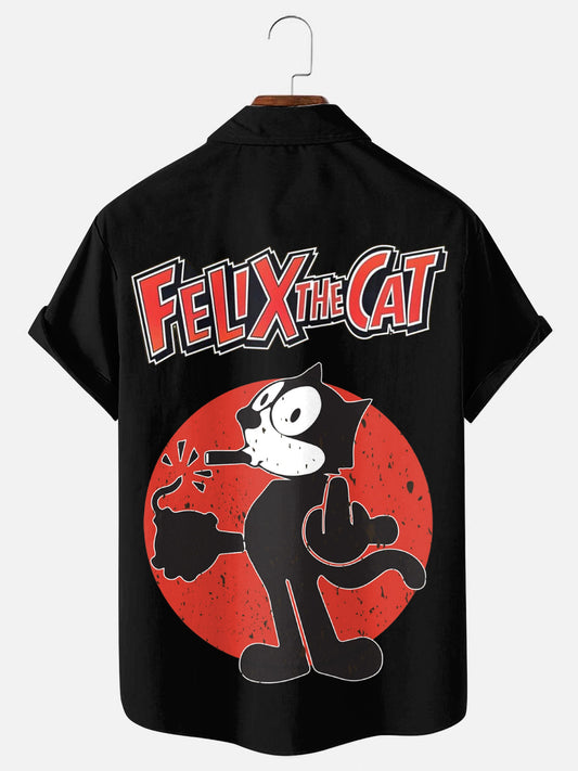 Men's Vintage Cartoon Cat Print Casual Short Sleeve Shirt