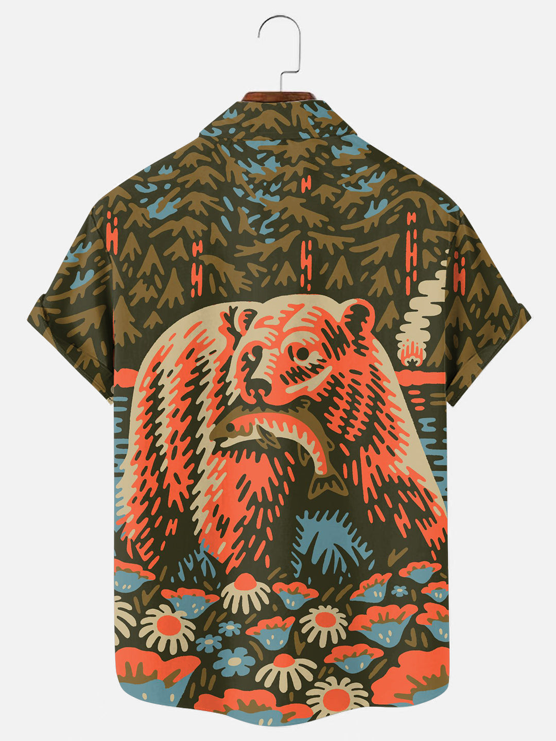 Men's Bear Catching Fish Print Outdoor Short Sleeve Shirt