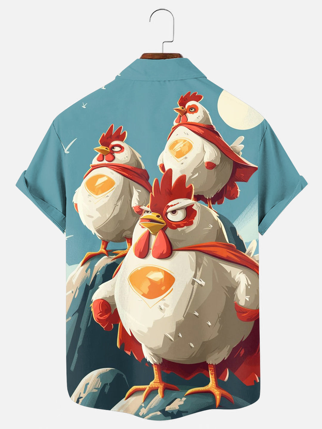 Men's Cartoon Super Chicken Print Hawaiian Short Sleeve Shirt