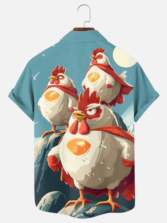 Men's Cartoon Super Chicken Print Hawaiian Short Sleeve Shirt