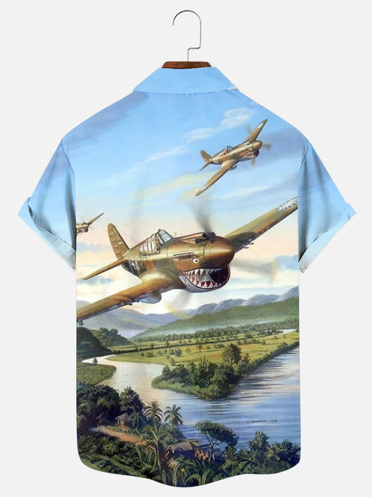 Men's Vintage WWII Fighter Print Hawaiian Short Sleeve Shirt