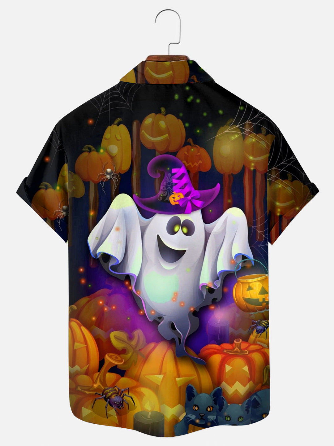 Halloween Ghost Pumpkin Print Hawaiian Short Sleeve Shirt