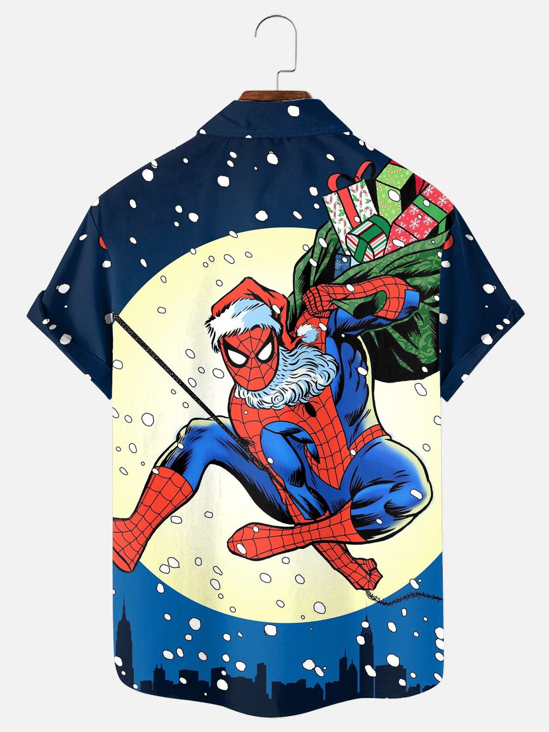 Men's Cartoon Superhero Santa Claus Print Holiday Short Sleeve Shirt