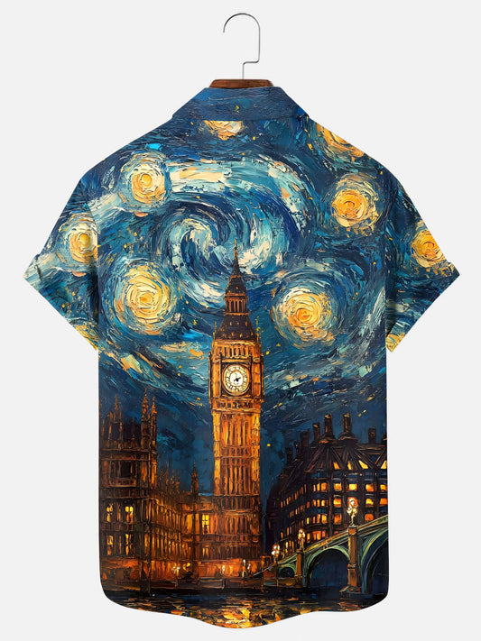 Men's London Big Ben Starry Night Art Print Holiday Short Sleeve Shirt