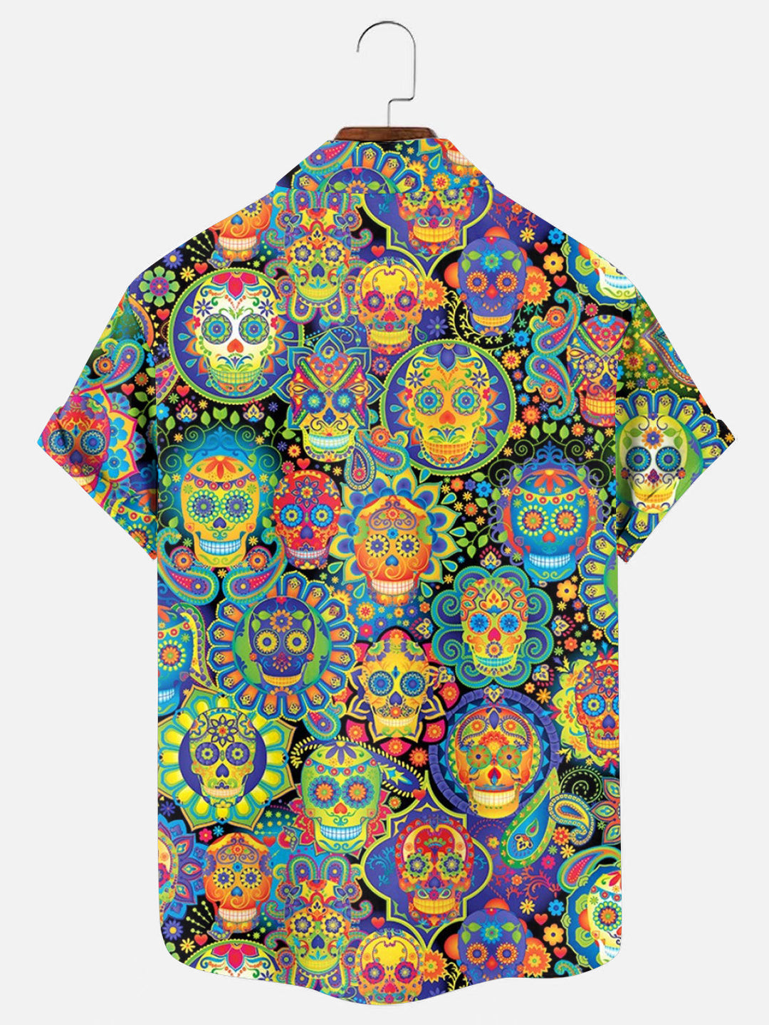 Men's Colorful Sugar Skull Print Hawaiian Short Sleeve Shirt