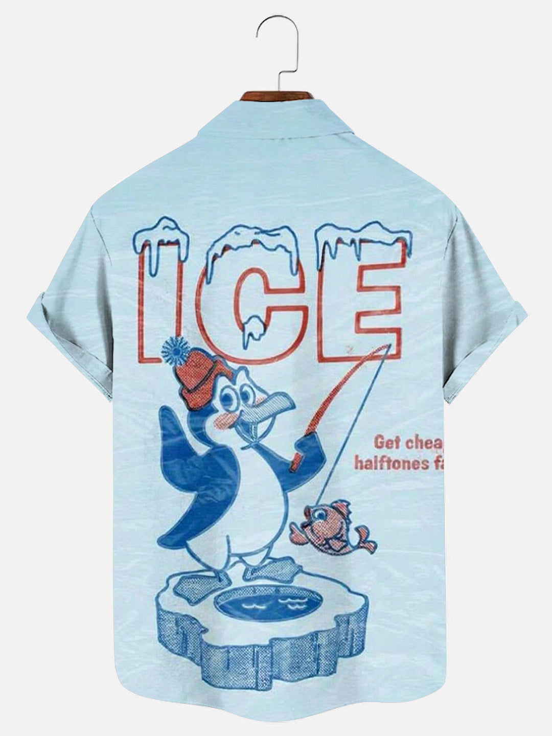 Men's Vintage Penguin Fishing on Ice Print Hawaiian Short Sleeve Pocket Shirt