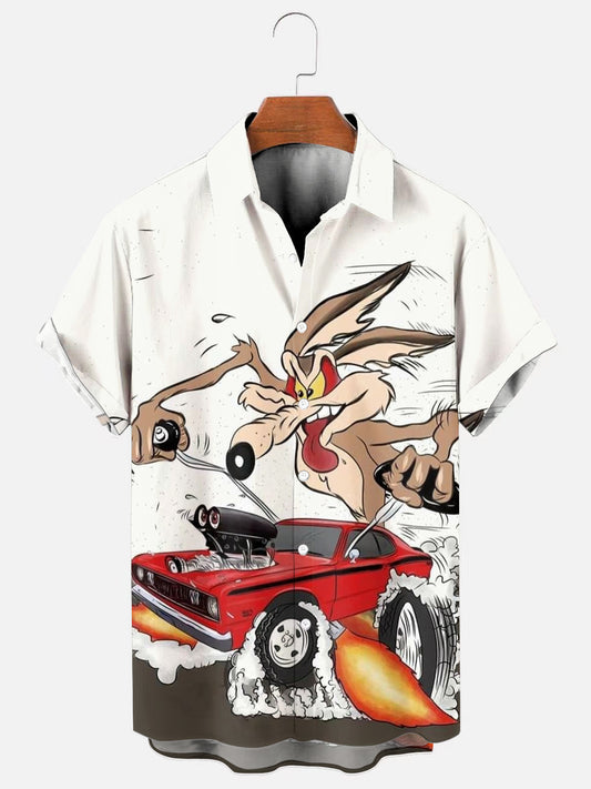 Men's Cartoon Wolf Racing Printed Casual Short Sleeve Shirt