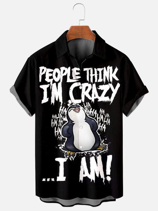 Crazy Penguin Print Casual Short Sleeve Shirt