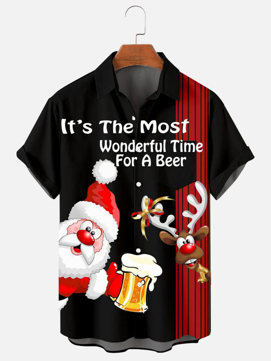 Men's Santa and Reindeer Stripe Holiday Short Sleeve Shirt