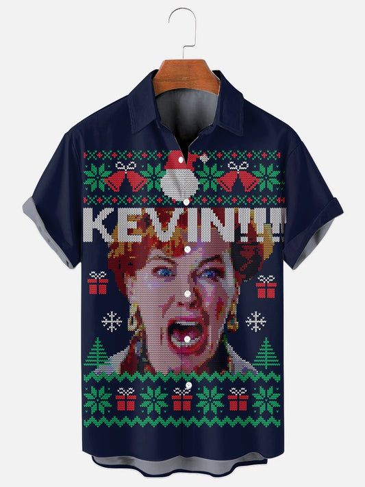 Men's Christmas Screaming Ugly Sweater Print Holiday Short Sleeve Shirt