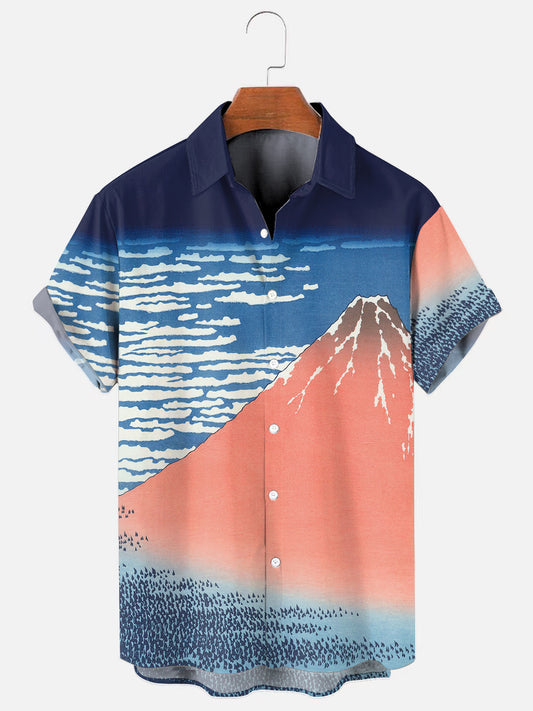 Men's Retro Ukiyo-e Red Fuji Art Print Hawaiian Short Sleeve Shirt