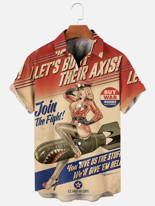 Men's Retro American War Girl Poster Print Hawaiian Short Sleeve Pocket Shirt