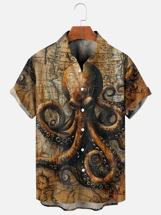 Men's Octopus Nautical Print Hawaiian Short Sleeve Shirt