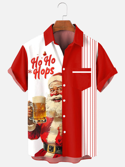 Men's Santa Claus Beer Stripe Holiday Short Sleeve Shirt