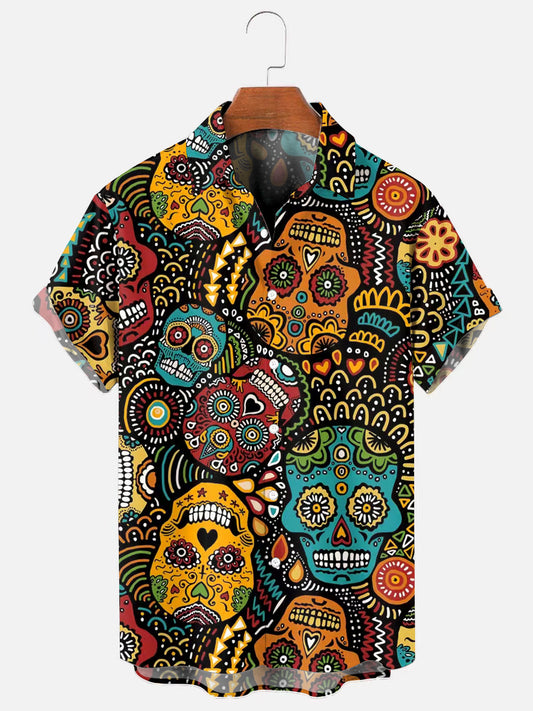 Men's Colorful Skull Print Hawaiian Short Sleeve Shirt