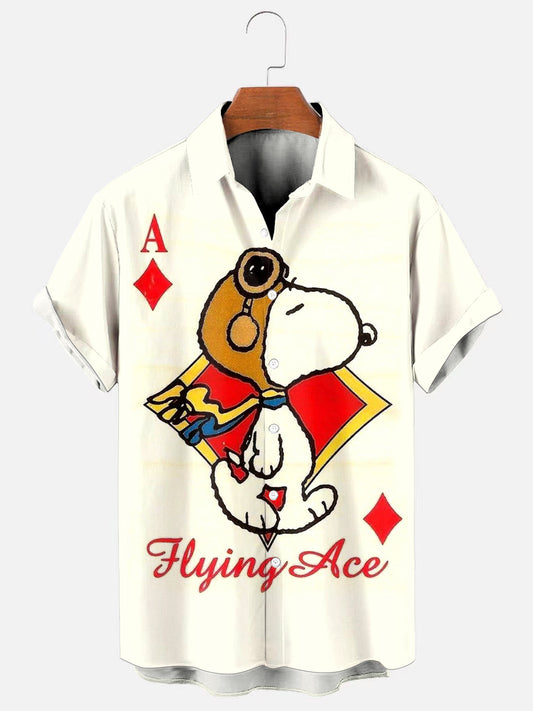 Men's Cartoon Ace Pilot Print Hawaiian Short Sleeve Shirt