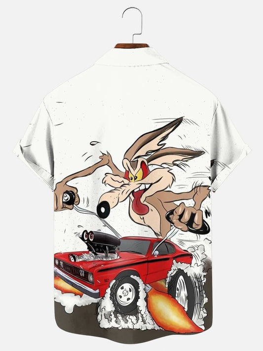 Men's Cartoon Wolf Racing Printed Casual Short Sleeve Shirt