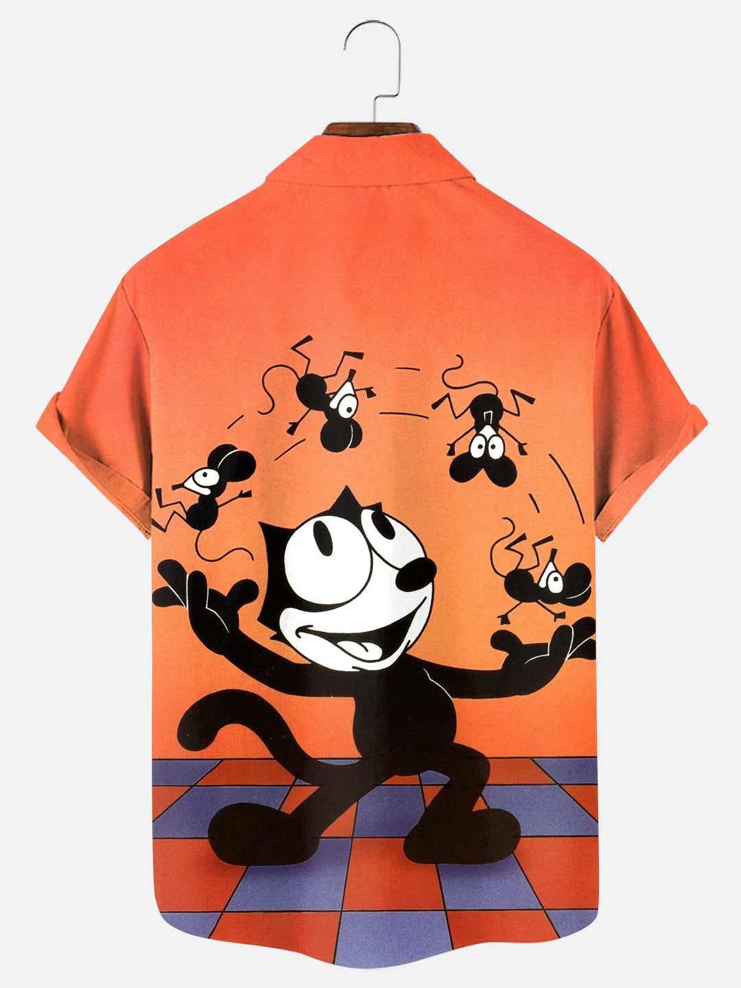 Men's Retro Cartoon Kitten Juggling Mouse Print Hawaiian Short Sleeve Shirt