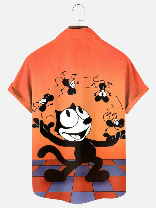 Men's Retro Cartoon Kitten Juggling Mouse Print Hawaiian Short Sleeve Shirt