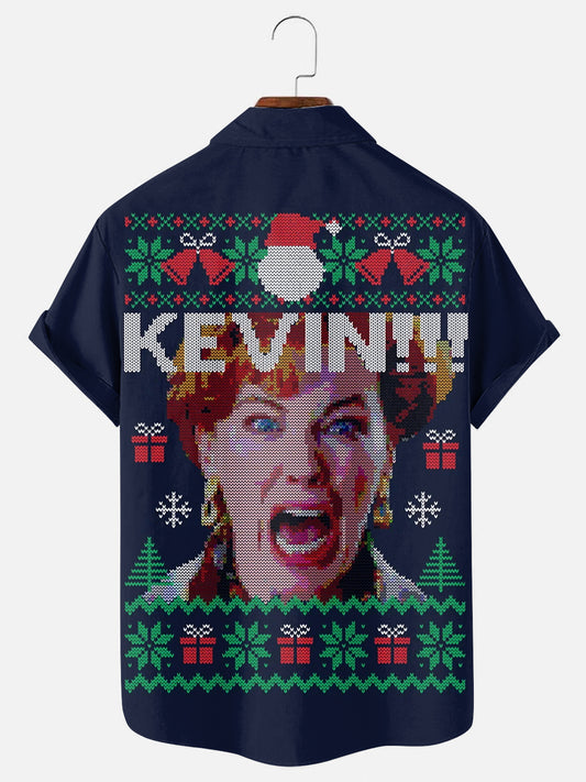 Men's Christmas Screaming Ugly Sweater Print Holiday Short Sleeve Shirt