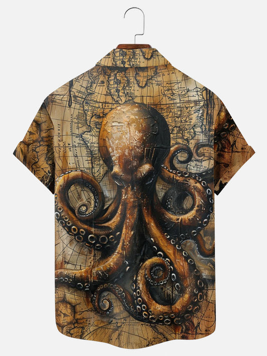 Men's Octopus Nautical Print Hawaiian Short Sleeve Shirt