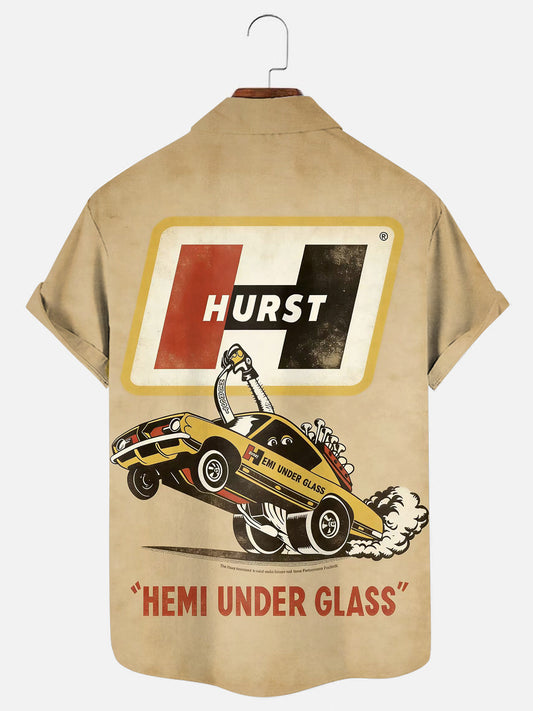 Men's 70's Vintage Straight Drag Racing Gear Printed Casual Short Sleeve Pocket Shirt
