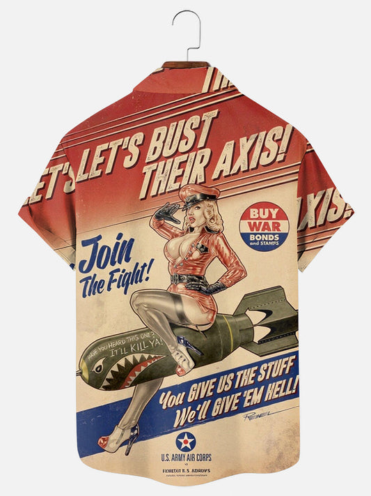 Men's Retro American War Girl Poster Print Hawaiian Short Sleeve Pocket Shirt