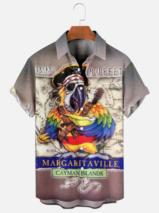Parrot Pirate Cocktail Print Holiday Short Sleeve Shirt