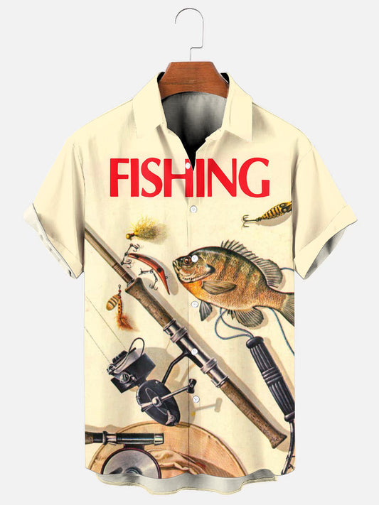 Men's Retro Fishing Book Print Hawaiian Short Sleeve Shirt