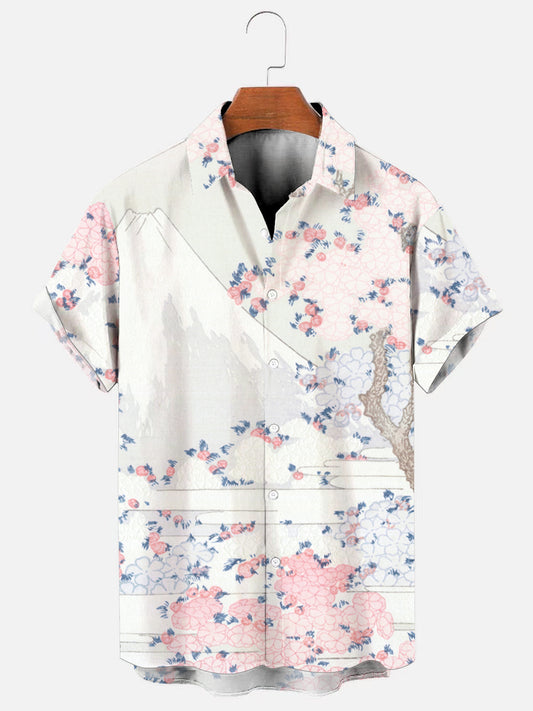 Men's Vintage Ukiyo-e Cherry Blossom and Mount Fuji Art Print Hawaiian Short Sleeve Shirt