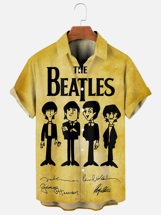 Men's Vintage Band Poster Print Casual Pocket Short Sleeve Shirt