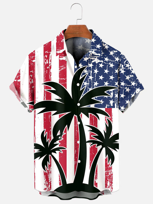 Men's American Flag Coconut Tree Print Independence Day Holiday Short Sleeve Shirt