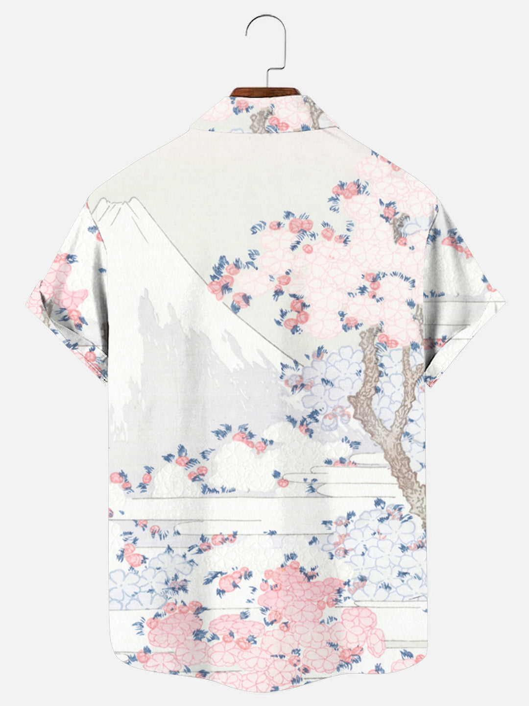 Men's Vintage Ukiyo-e Cherry Blossom and Mount Fuji Art Print Hawaiian Short Sleeve Shirt