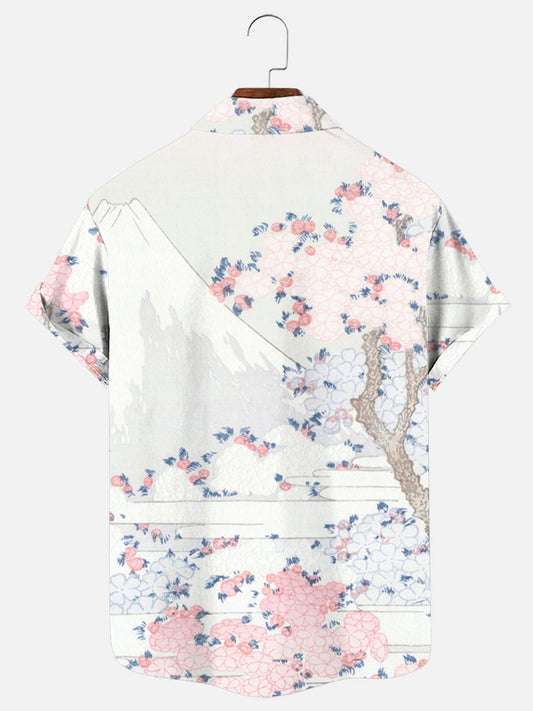 Men's Vintage Ukiyo-e Cherry Blossom and Mount Fuji Art Print Hawaiian Short Sleeve Shirt