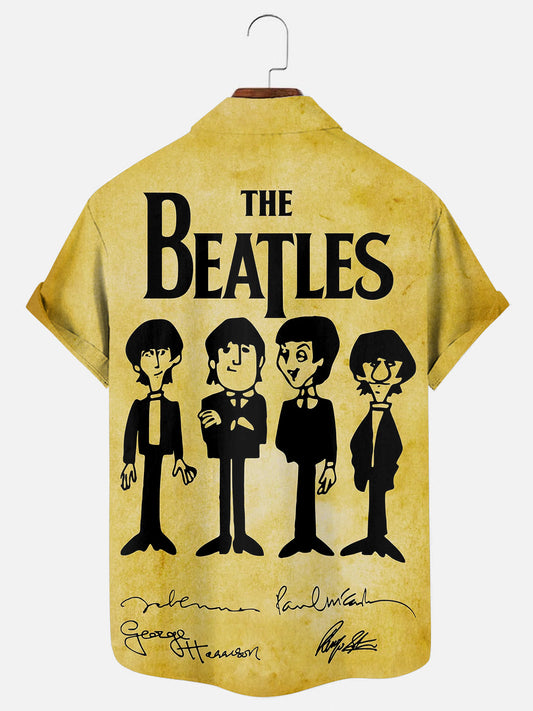 Men's Vintage Band Poster Print Casual Pocket Short Sleeve Shirt